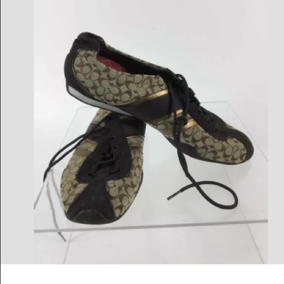 Coach Brown/Tan Logo Jacquard Suede Trim Sneakers - Picture 1 of 8